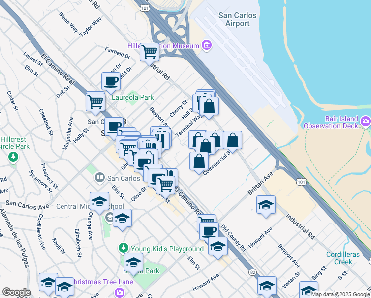 map of restaurants, bars, coffee shops, grocery stores, and more near 1008 Bransten Road in San Carlos