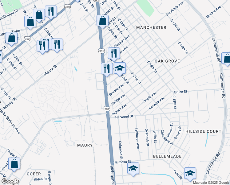 map of restaurants, bars, coffee shops, grocery stores, and more near 2314 Gordon Avenue in Richmond