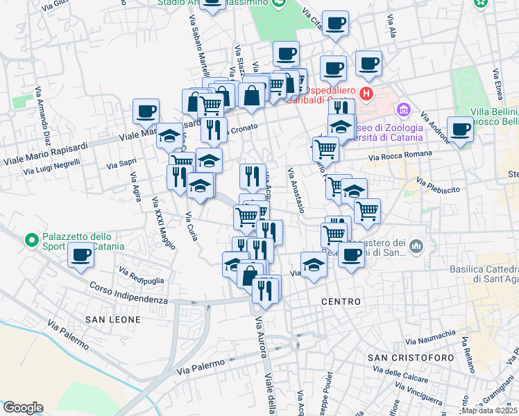 map of restaurants, bars, coffee shops, grocery stores, and more near Piazza Vittime del Dovere in Catania