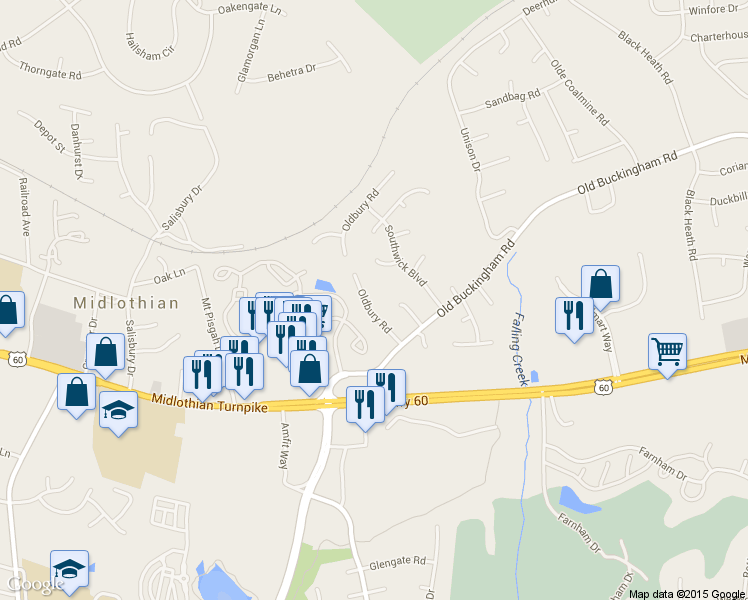 map of restaurants, bars, coffee shops, grocery stores, and more near 1201 Oldbury Road in Midlothian