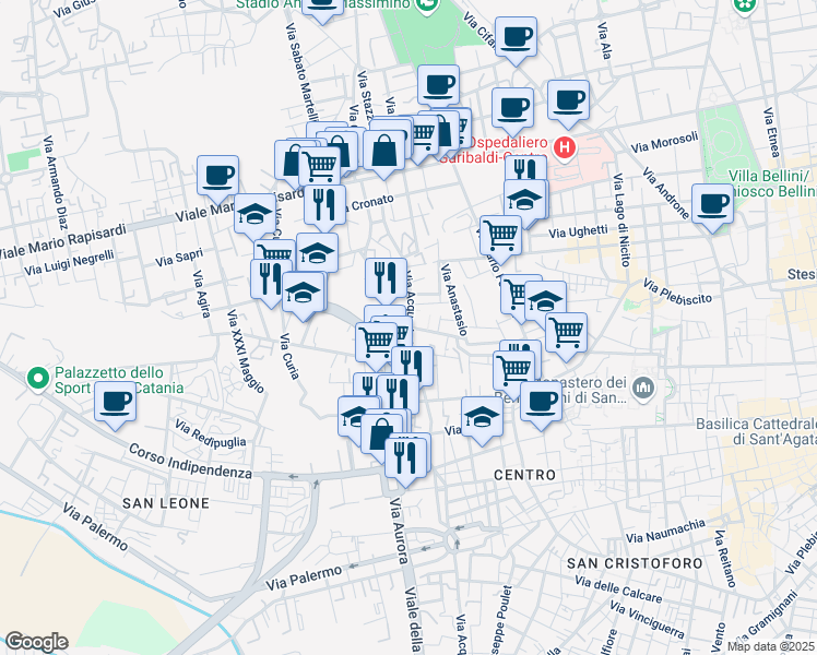 map of restaurants, bars, coffee shops, grocery stores, and more near Piazza Vittime del Dovere in Catania