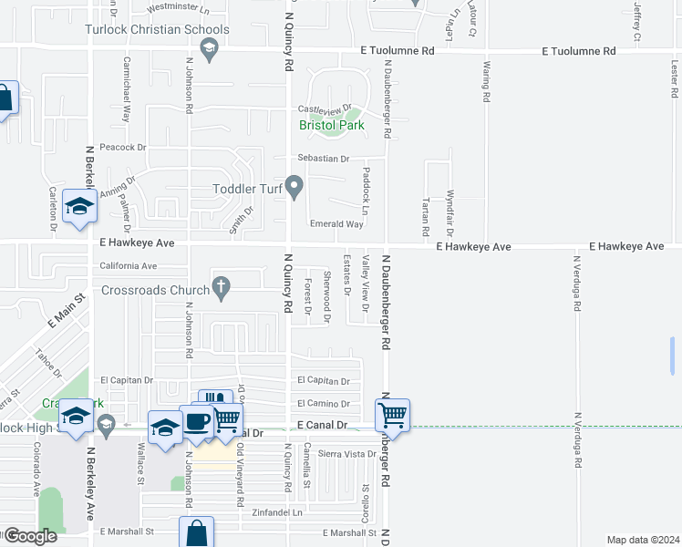 map of restaurants, bars, coffee shops, grocery stores, and more near 1345 Estates Drive in Turlock