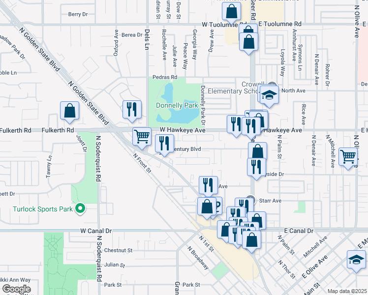 map of restaurants, bars, coffee shops, grocery stores, and more near 515 20th Century Boulevard in Turlock