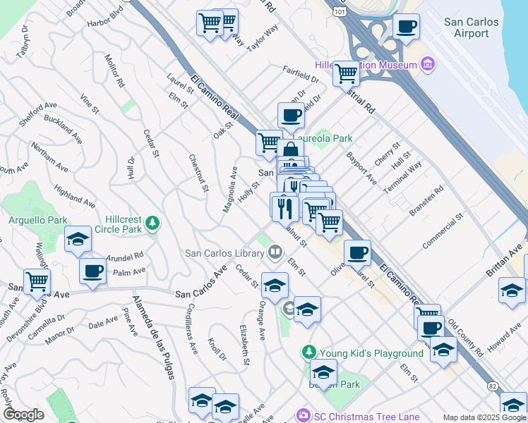 map of restaurants, bars, coffee shops, grocery stores, and more near 553 Elm Street in San Carlos