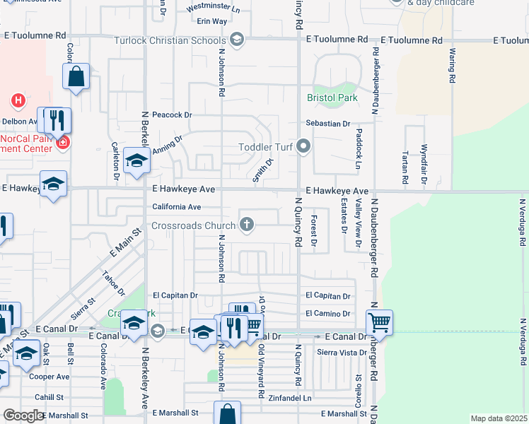 map of restaurants, bars, coffee shops, grocery stores, and more near 2220 Christine Way in Turlock