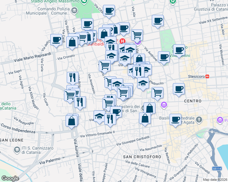 map of restaurants, bars, coffee shops, grocery stores, and more near 71 Via Carlo Forlanini in Catania