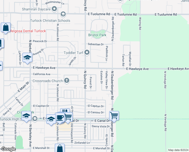 map of restaurants, bars, coffee shops, grocery stores, and more near 1485 Sherwood Drive in Turlock