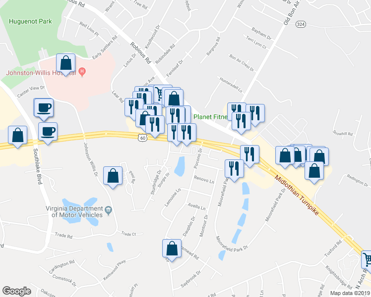 map of restaurants, bars, coffee shops, grocery stores, and more near 10201 Midlothian Turnpike in Richmond