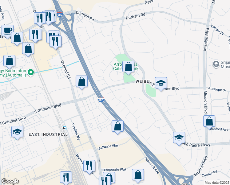 map of restaurants, bars, coffee shops, grocery stores, and more near 45060 Parkmeadow Drive in Fremont