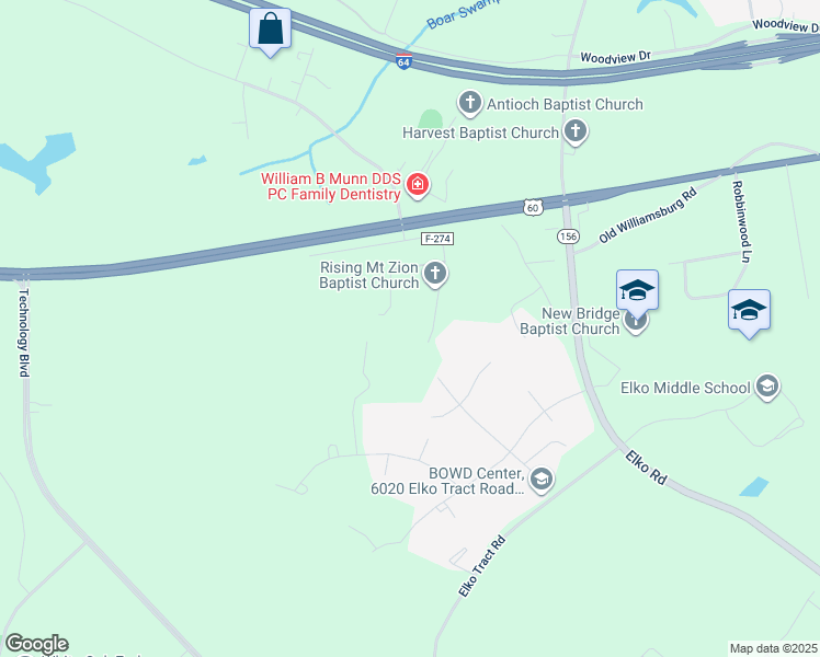 map of restaurants, bars, coffee shops, grocery stores, and more near 3863 Rising Mount Zion Road in Sandston