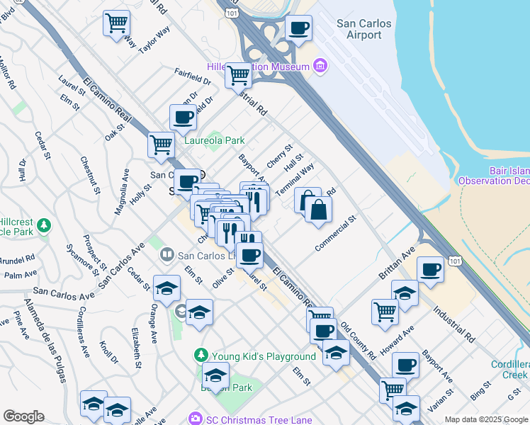map of restaurants, bars, coffee shops, grocery stores, and more near 1055 Terminal Way in San Carlos