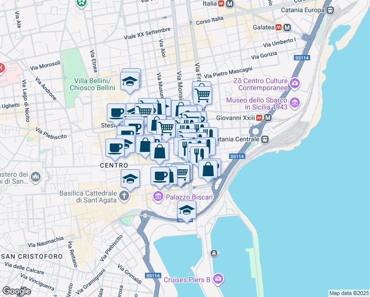 map of restaurants, bars, coffee shops, grocery stores, and more near 5 Via Pistone in Catania