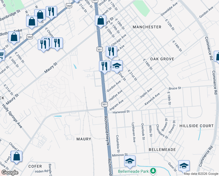 map of restaurants, bars, coffee shops, grocery stores, and more near 2319 Gordon Avenue in Richmond