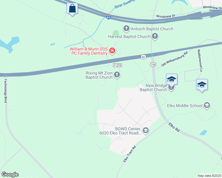 map of restaurants, bars, coffee shops, grocery stores, and more near 3863 Rising Mount Zion Road in Sandston