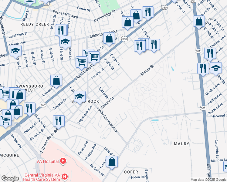 map of restaurants, bars, coffee shops, grocery stores, and more near 3077 Maury Street in Richmond