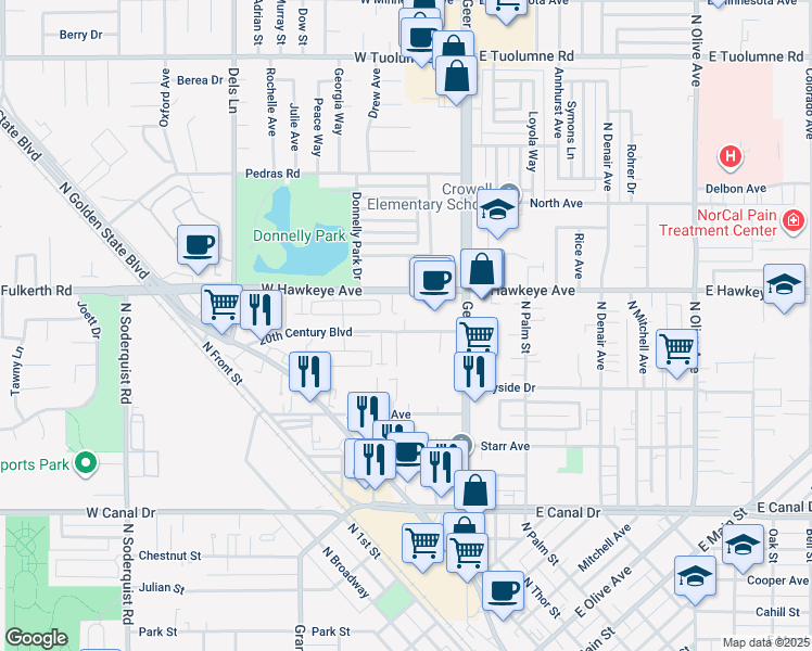map of restaurants, bars, coffee shops, grocery stores, and more near 229 20th Century Boulevard in Turlock