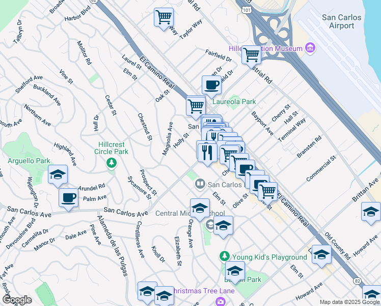 map of restaurants, bars, coffee shops, grocery stores, and more near 553 Elm Street in San Carlos