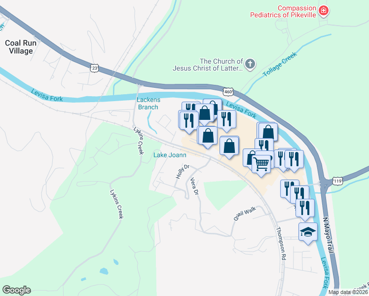 map of restaurants, bars, coffee shops, grocery stores, and more near 301 Thompson Road in Pikeville