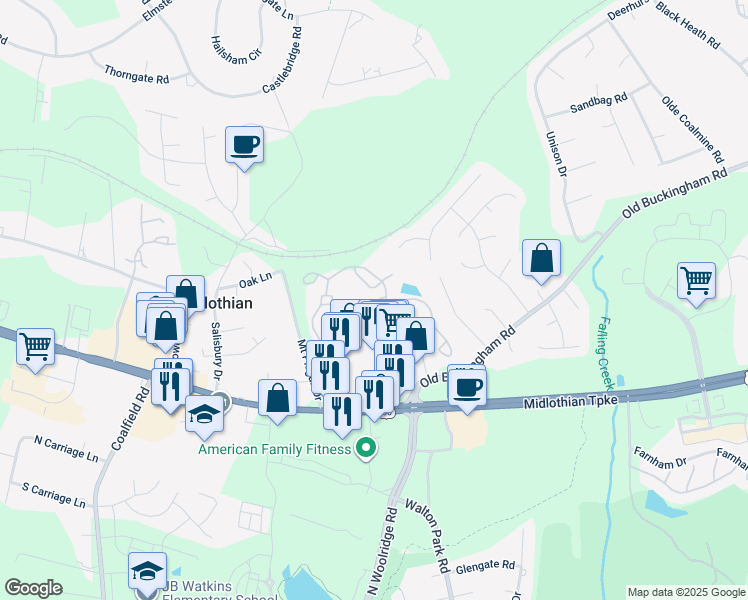 map of restaurants, bars, coffee shops, grocery stores, and more near 1301 Buckingham Station Drive in Midlothian
