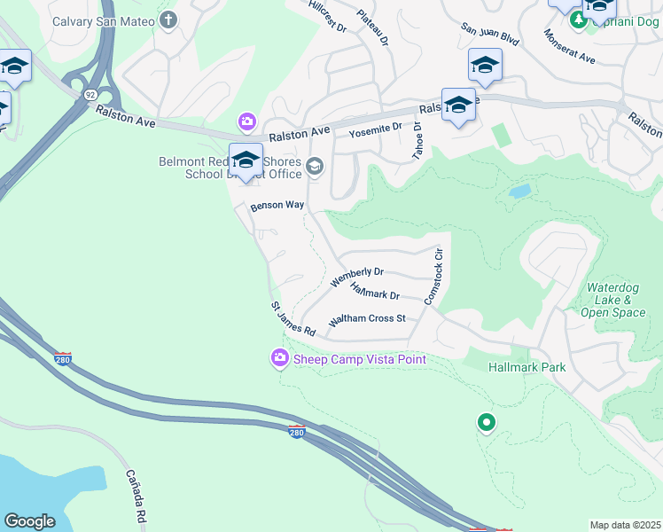 map of restaurants, bars, coffee shops, grocery stores, and more near 2800 Wemberly Drive in Belmont