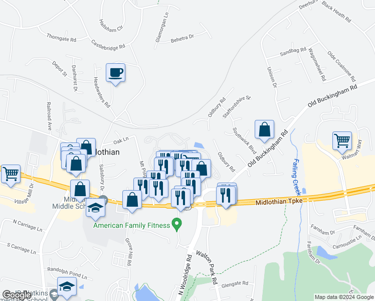 map of restaurants, bars, coffee shops, grocery stores, and more near 1160 Buckingham Station Drive in Midlothian