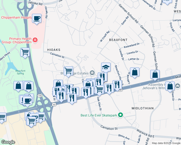 map of restaurants, bars, coffee shops, grocery stores, and more near 212 Laurel Fork Drive in Richmond