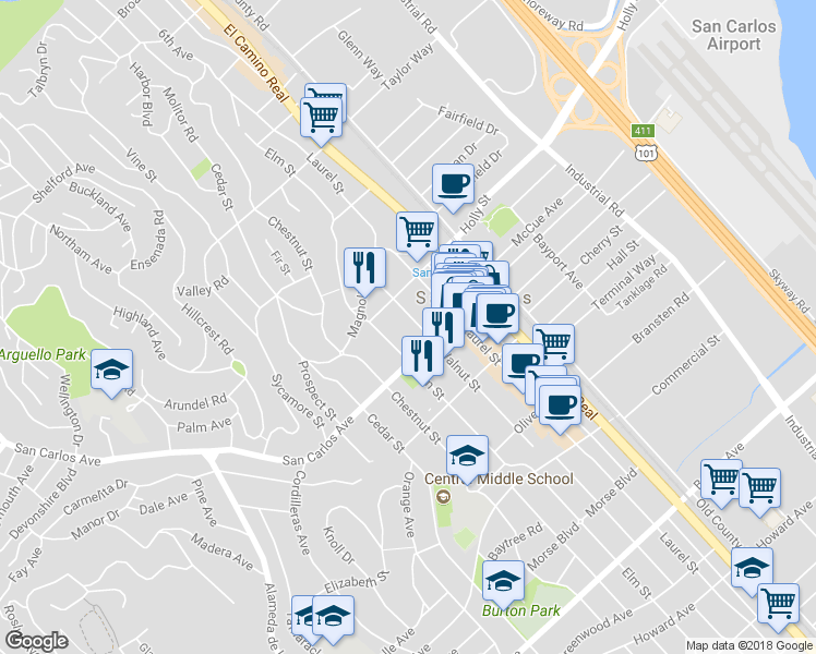 map of restaurants, bars, coffee shops, grocery stores, and more near 552 Walnut Street in San Carlos