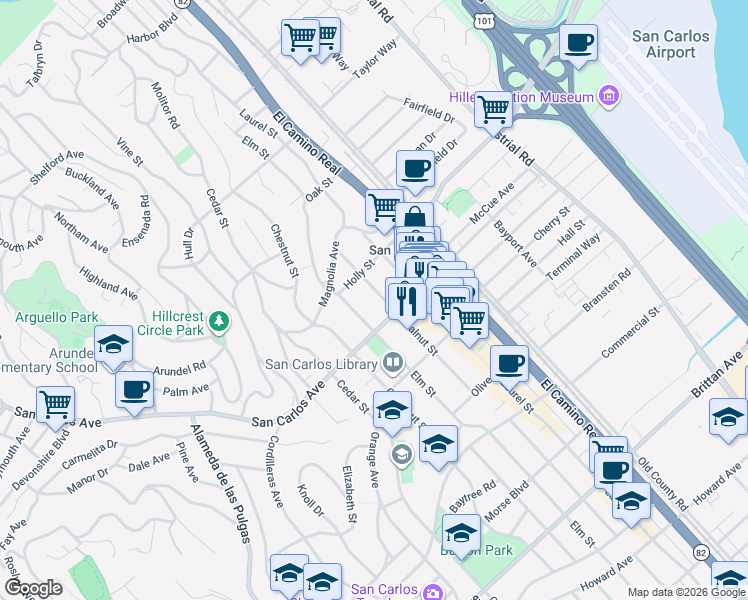 map of restaurants, bars, coffee shops, grocery stores, and more near 552 Walnut Street in San Carlos
