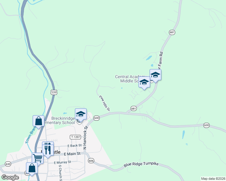 map of restaurants, bars, coffee shops, grocery stores, and more near 114 Pine Hills Court in Fincastle