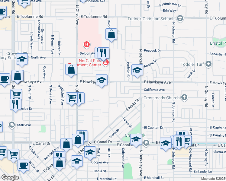map of restaurants, bars, coffee shops, grocery stores, and more near 1465 Niel Avenue in Turlock