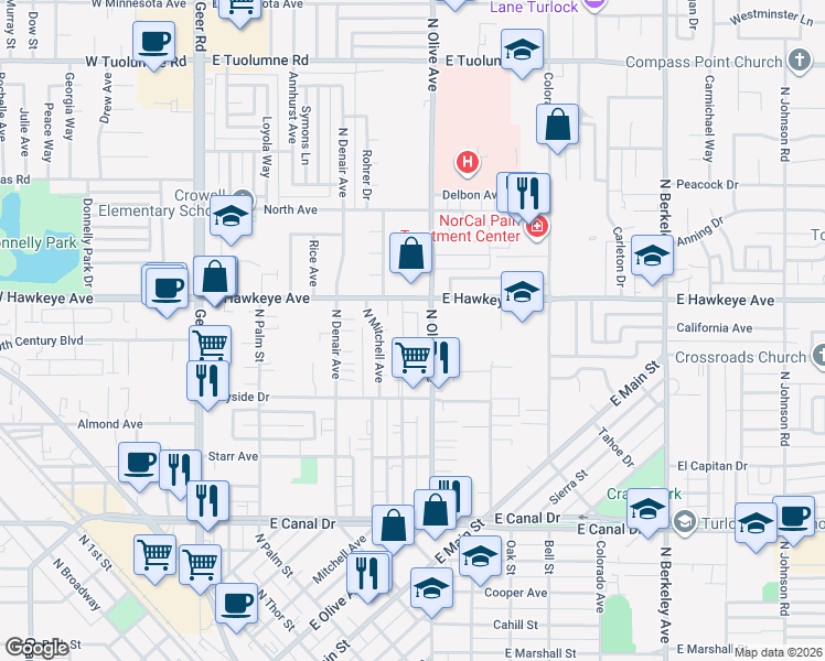 map of restaurants, bars, coffee shops, grocery stores, and more near 1510 Springville Way in Turlock