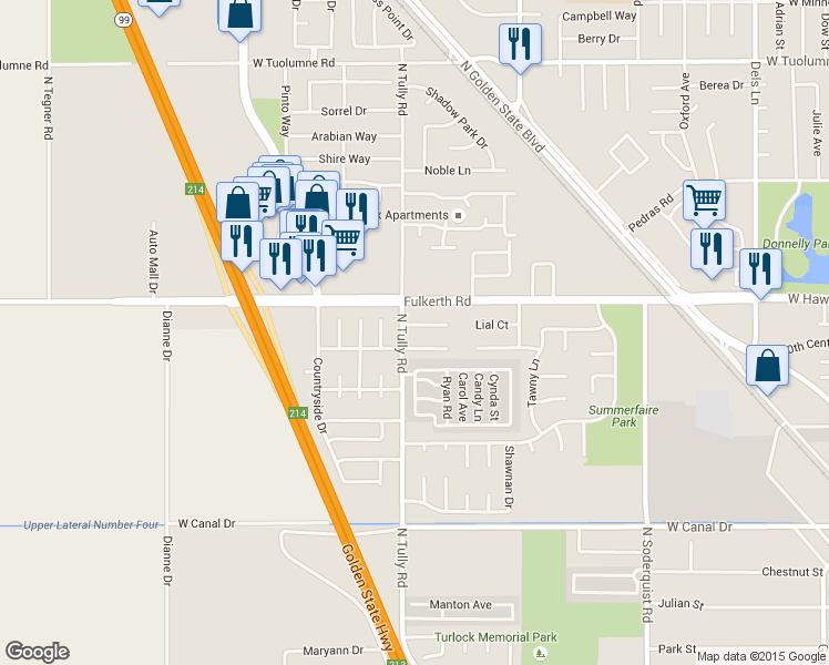 map of restaurants, bars, coffee shops, grocery stores, and more near 2085 Roth Court in Turlock