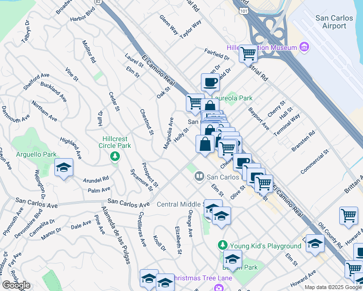 map of restaurants, bars, coffee shops, grocery stores, and more near 553 Elm Street in San Carlos
