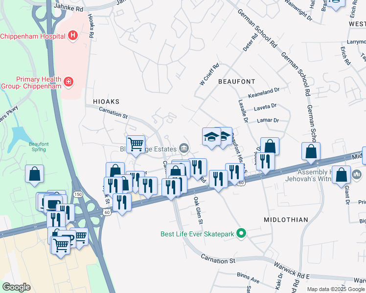 map of restaurants, bars, coffee shops, grocery stores, and more near 212 Laurel Fork Drive in Richmond