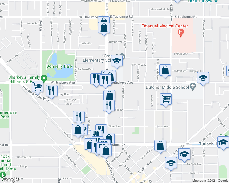 map of restaurants, bars, coffee shops, grocery stores, and more near 1400 Geer Road in Turlock