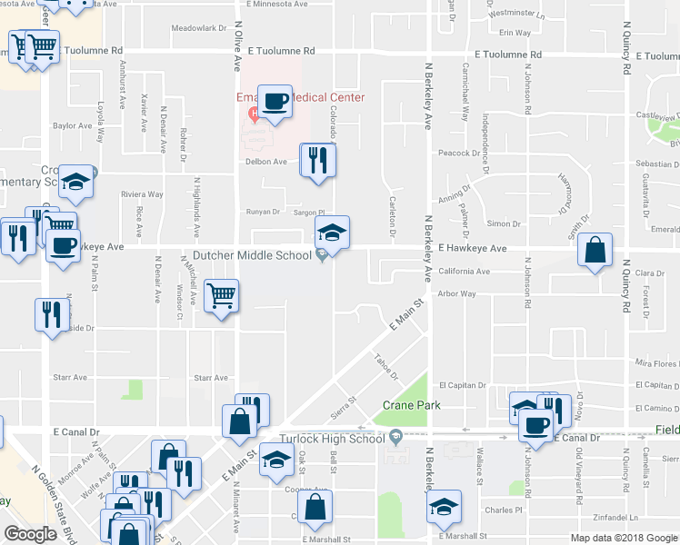 map of restaurants, bars, coffee shops, grocery stores, and more near 1410 Colorado Avenue in Turlock