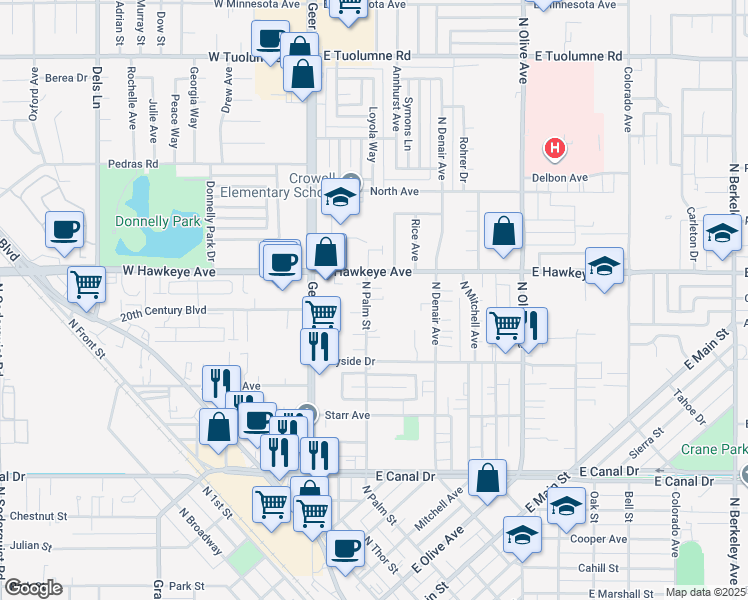 map of restaurants, bars, coffee shops, grocery stores, and more near 1340 North Palm Street in Turlock