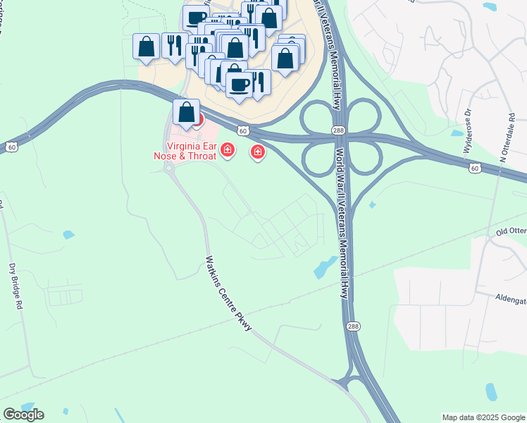 map of restaurants, bars, coffee shops, grocery stores, and more near 1201 Watkins Centre Parkway in Midlothian