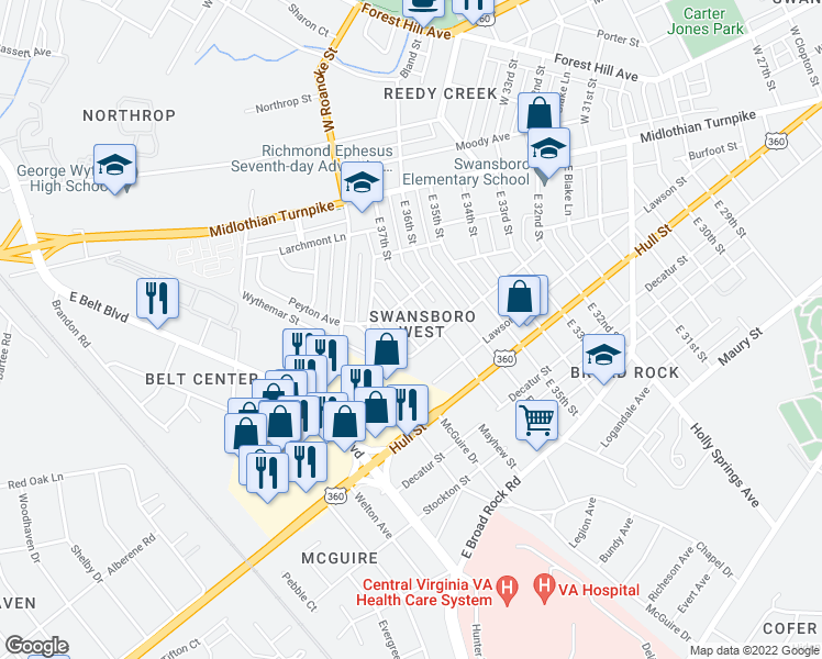 map of restaurants, bars, coffee shops, grocery stores, and more near 209 Winber Drive in Richmond