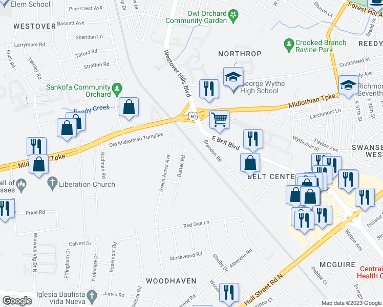 map of restaurants, bars, coffee shops, grocery stores, and more near 109 Chuckatuck Avenue in Richmond