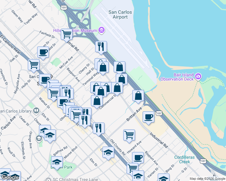 map of restaurants, bars, coffee shops, grocery stores, and more near 930 Commercial St in San Carlos