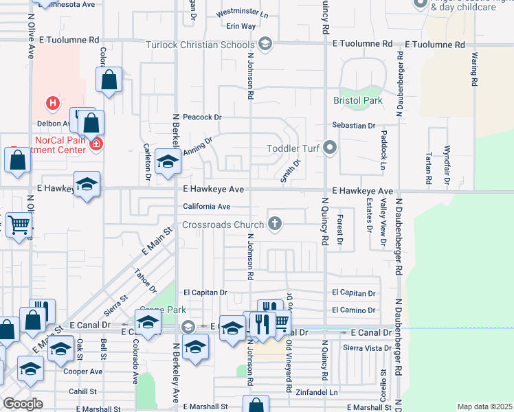 map of restaurants, bars, coffee shops, grocery stores, and more near 1430 Karen Way in Turlock