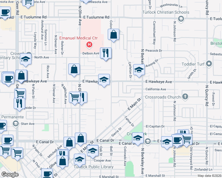 map of restaurants, bars, coffee shops, grocery stores, and more near 1410 Colorado Avenue in Turlock