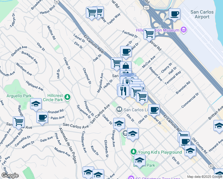 map of restaurants, bars, coffee shops, grocery stores, and more near 553 Elm Street in San Carlos