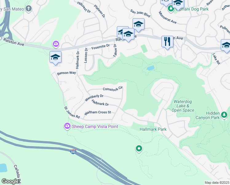 map of restaurants, bars, coffee shops, grocery stores, and more near 2713 Comstock Circle in Belmont