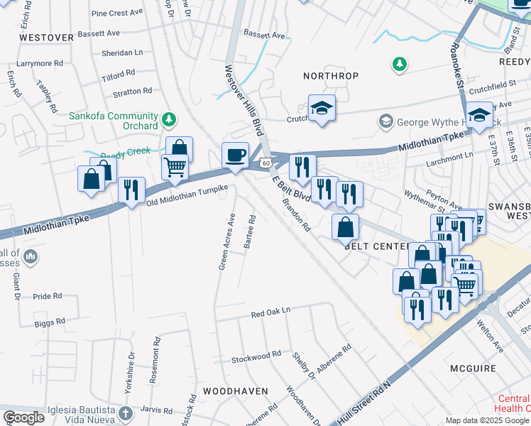 map of restaurants, bars, coffee shops, grocery stores, and more near 117 Chuckatuck Avenue in Richmond