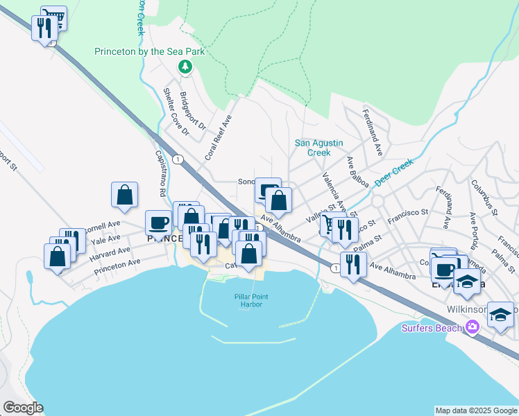 map of restaurants, bars, coffee shops, grocery stores, and more near 122 Madrid Avenue in El Granada