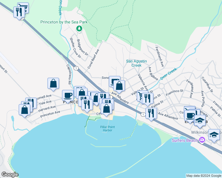 map of restaurants, bars, coffee shops, grocery stores, and more near 122 Madrid Avenue in El Granada