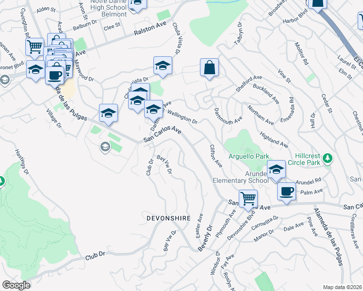 map of restaurants, bars, coffee shops, grocery stores, and more near 87 Exeter Avenue in San Carlos