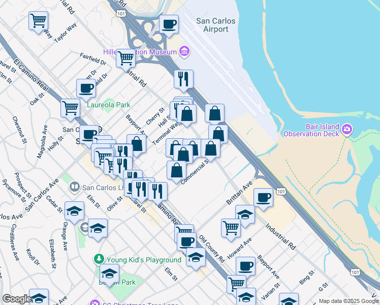map of restaurants, bars, coffee shops, grocery stores, and more near 977 Bransten Road in San Carlos